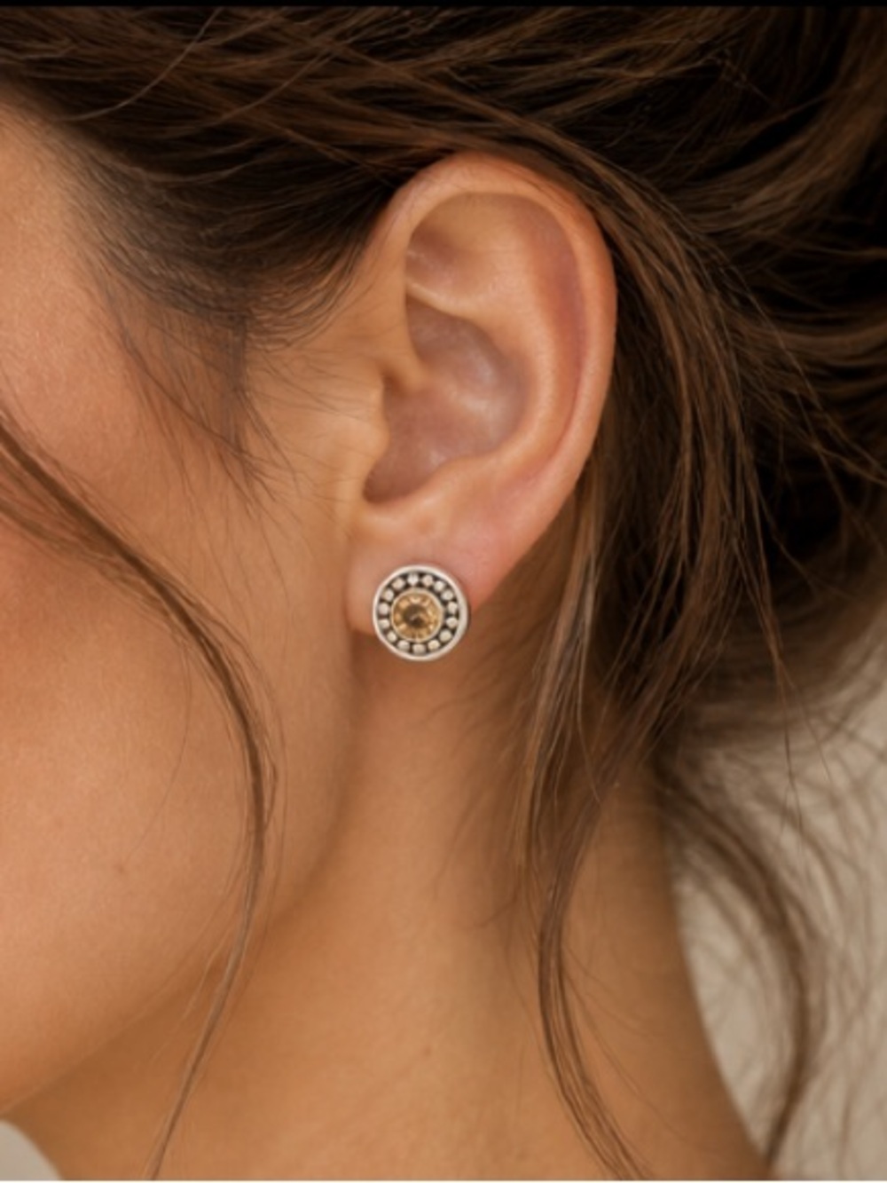925 Sterling Silver Stud Earrings Champagne Round Halo Vintage Style